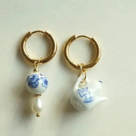Ceramic Teapot Mismatched Hoop Earrings - Picture 3 of 13